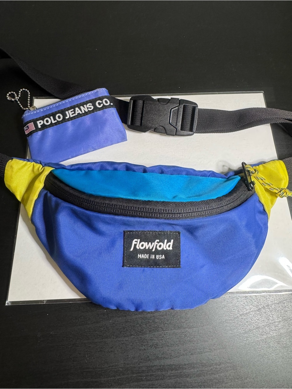 Flowfold Blue & Turquoise Travel Waist Pack with Yellow Accents with coin pouch